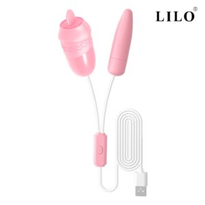 Vibrador Duplo Bullet e Estimulador de Clitóris com Linguinha na cor Rosa com 12 Modos de Vibração