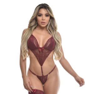 Comjunto de Lingerie Body Rendado com Persex - COR VINHO