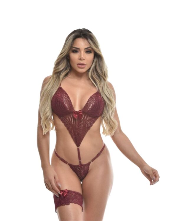 Comjunto de Lingerie Body Rendado com Persex - COR VINHO