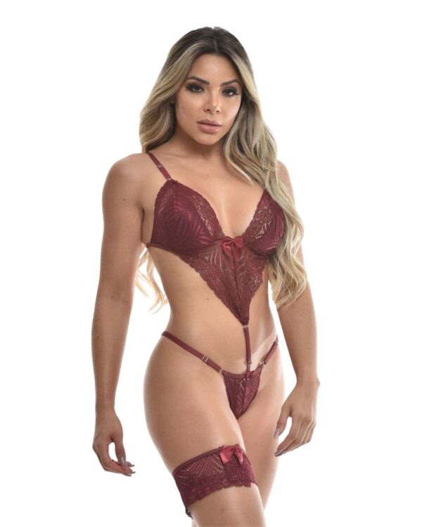 Comjunto de Lingerie Body Rendado com Persex - COR VINHO - Imagem 2