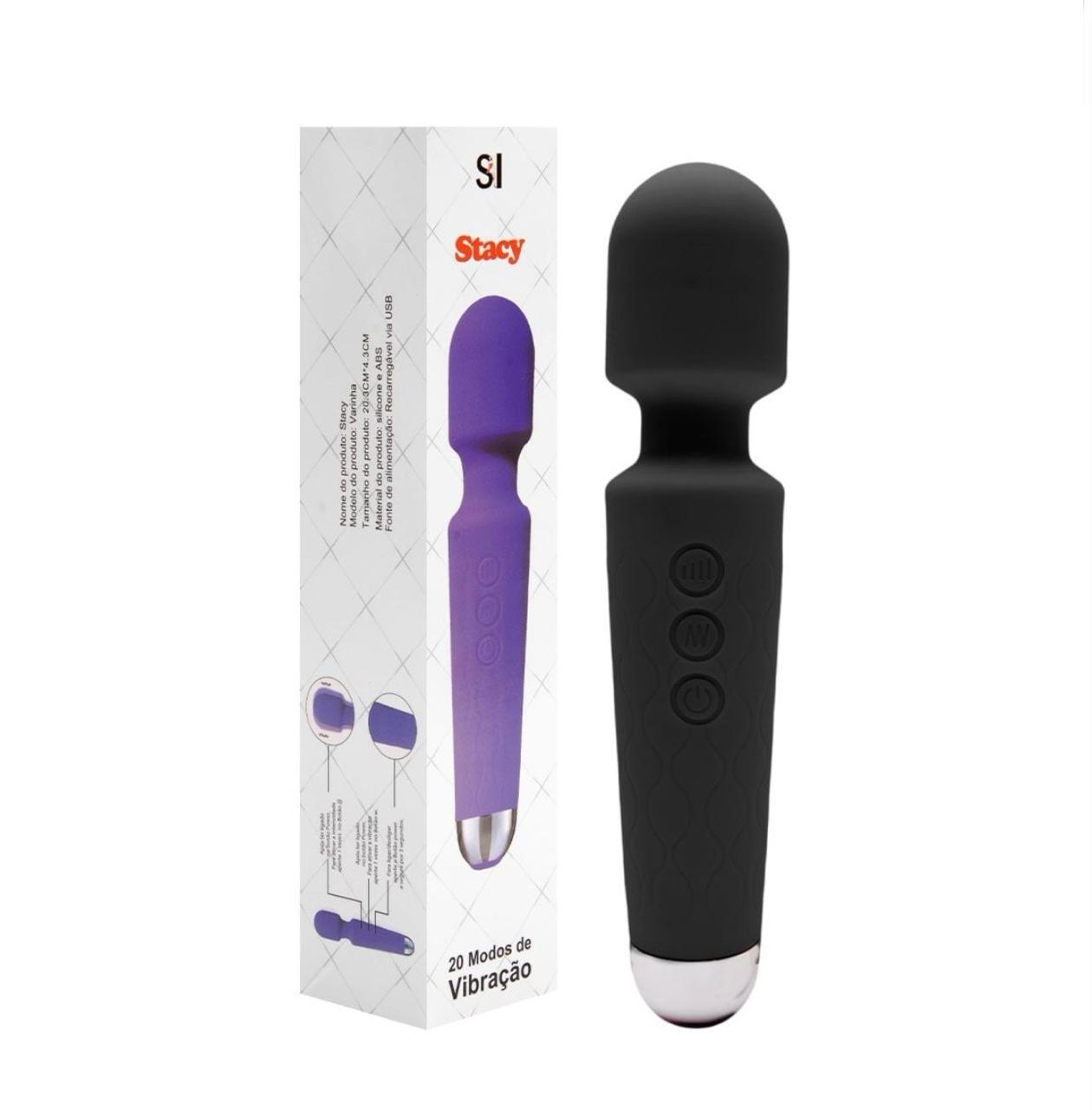 Vibrador Varinha Mágica na cor Preta com 20 Modos de Vibração e 8 Níveis de Velocidade - STACY