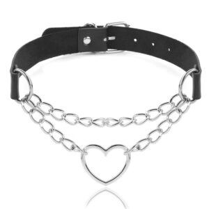 Coleira Bondage em Couro Sintético na cor Preta com Corrente e Coração