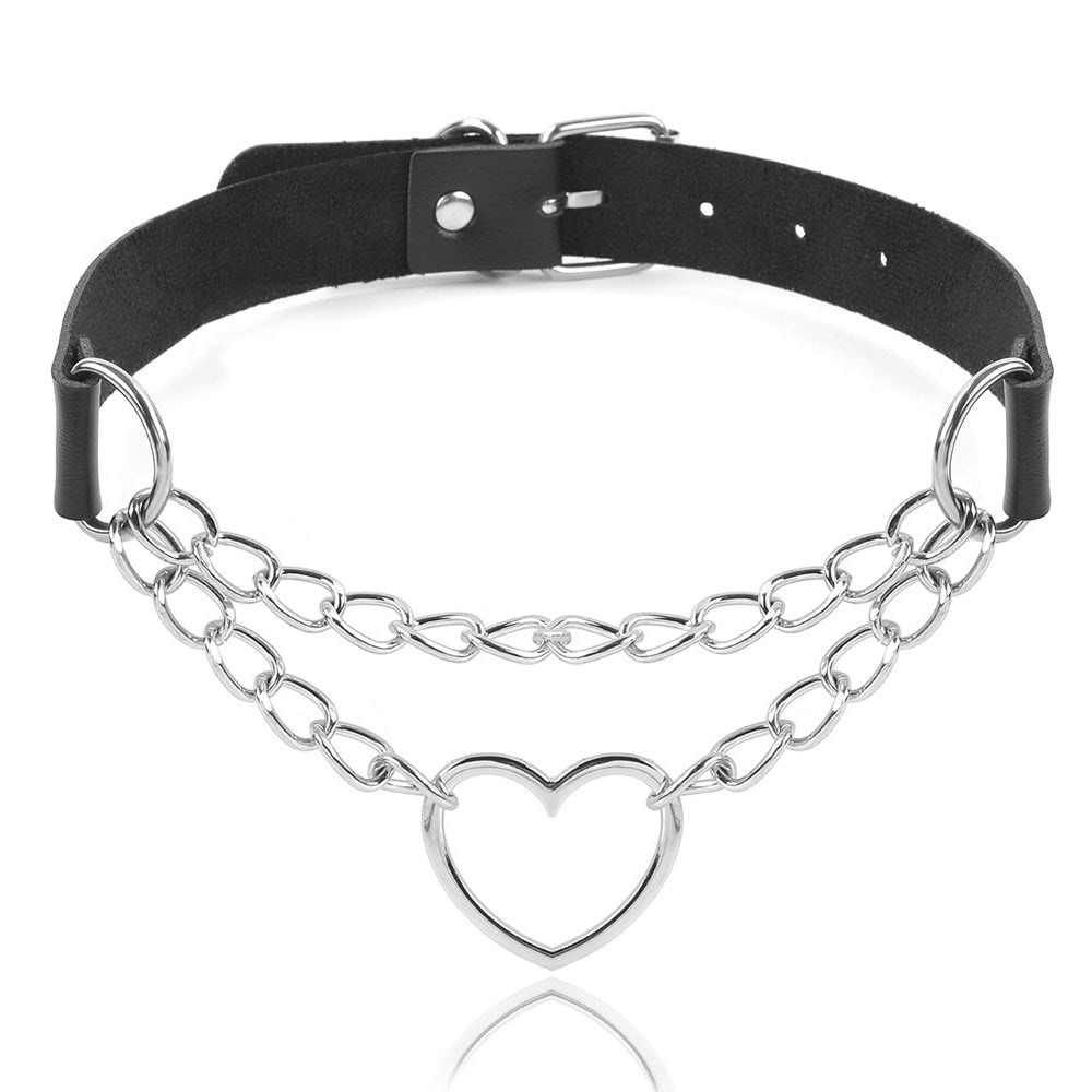 Coleira Bondage em Couro Sintético na cor Preta com Corrente e Coração