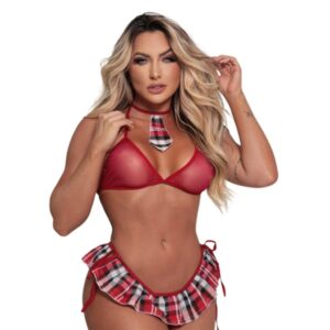 Fantasia Sensual Colegial com Mini Saia, Top e Gravata (Tamanho Único) - COR VERMELHA
