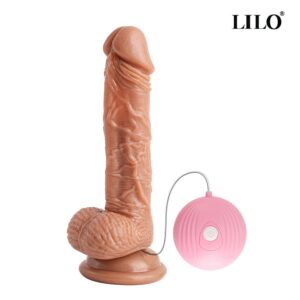 Prótese Realística Maciça com Ventosa, Escroto e Vibrador de 10 Modos de Vibração por controle na cor Bege - 18 cm X 3,8cm